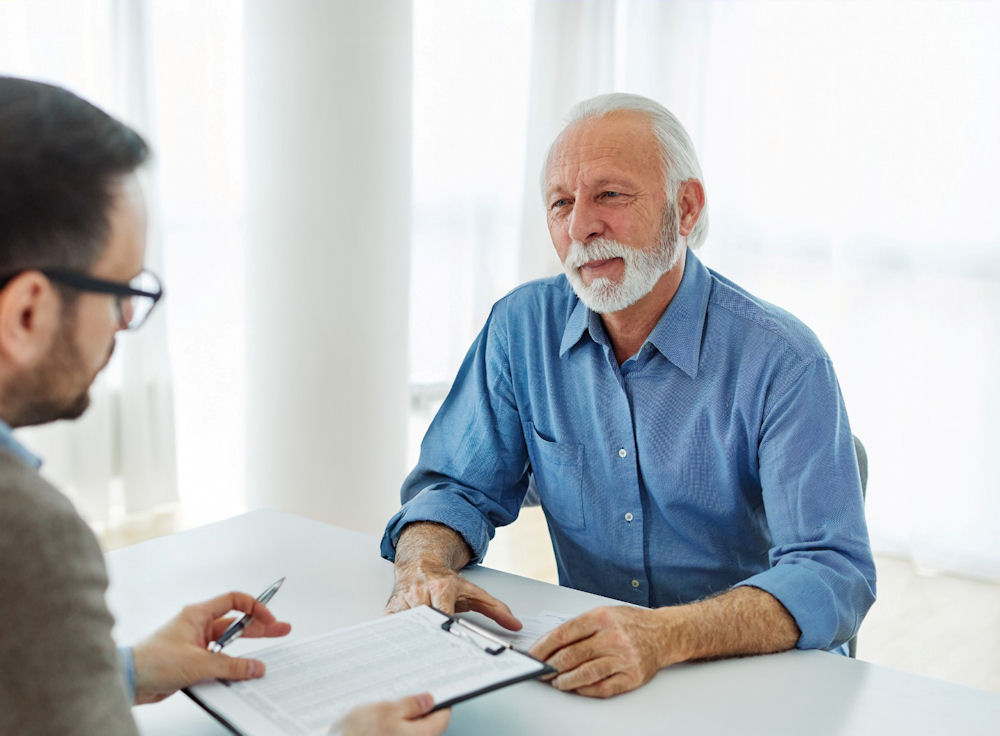 elderly man talks with therapist while collecting unemployment in rehab